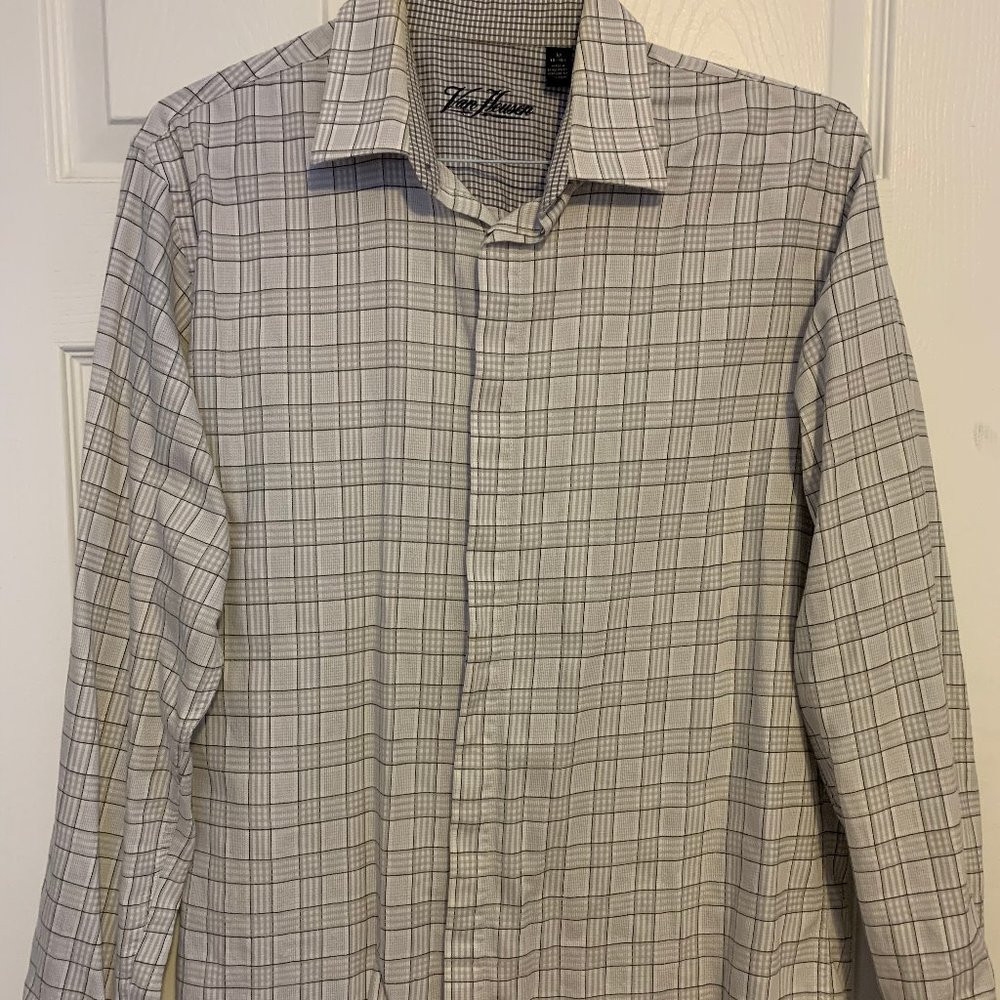 Men's Grey Button-Up Dress Shirt Checkered Pattern Long Sleeve